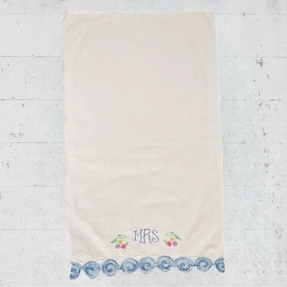 King Size Hand Embroidered Crochet Mr & Mrs Pillowcases Cottagecore